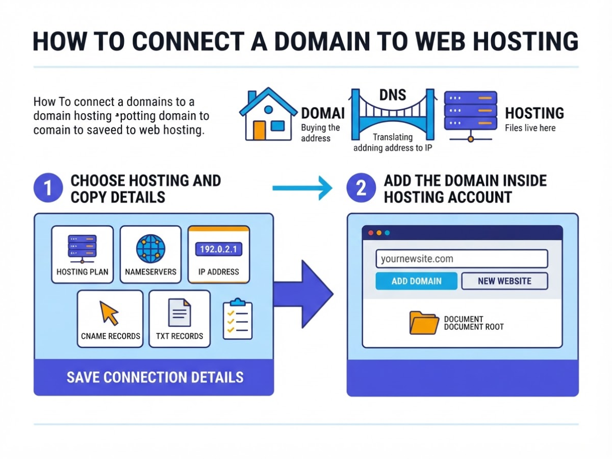 How to Connect a Domain to Web Hosting, covering choose the hosting plan and collect.