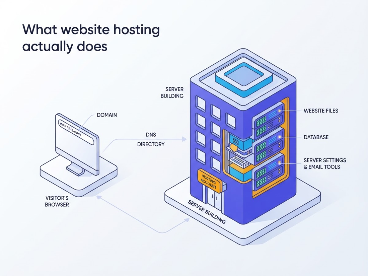 What website hosting actually does, covering define web hosting as rented server.