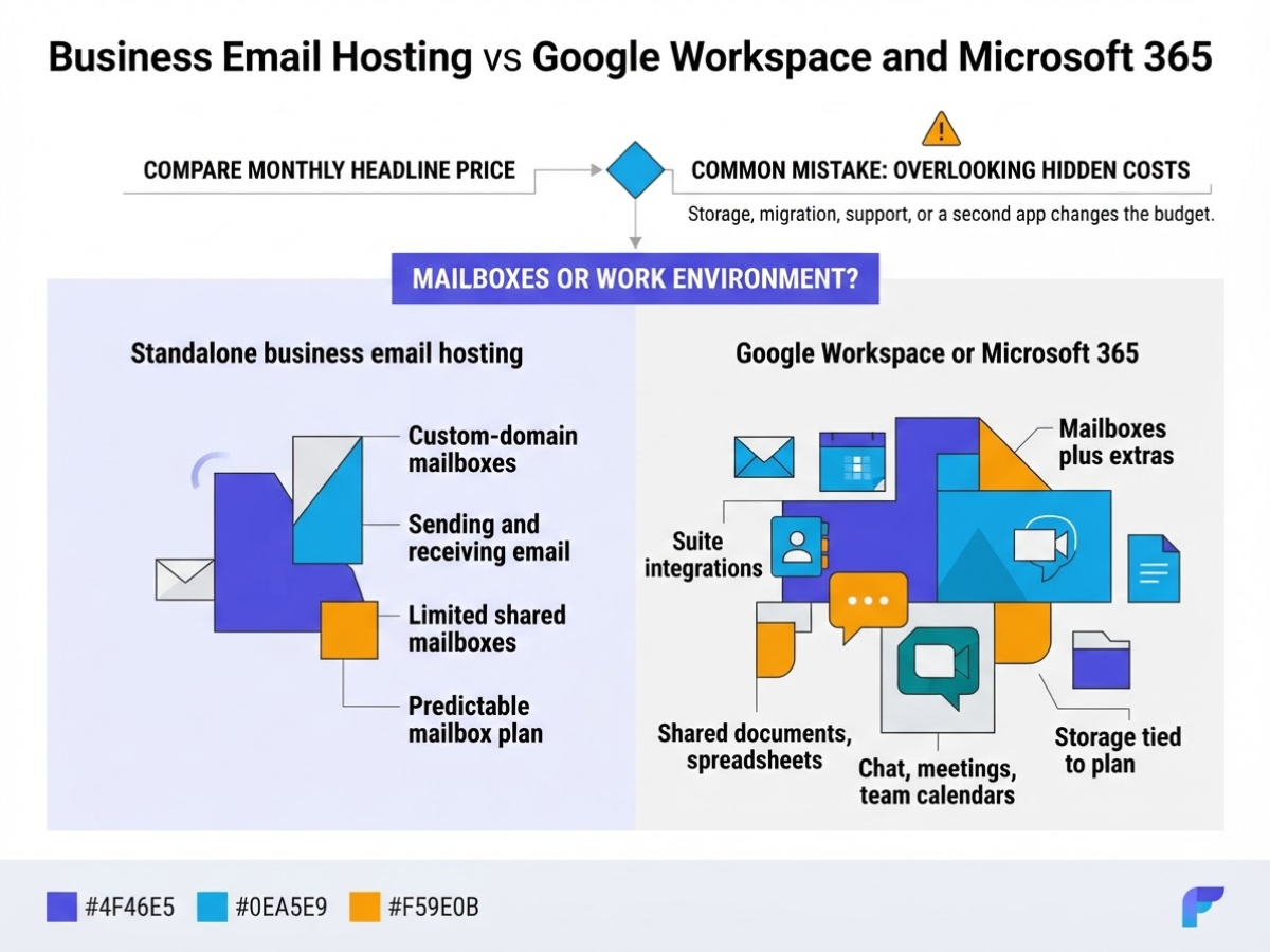 Business Email Hosting vs Google Workspace and Microsoft 365, covering compare standalone email hosting with suite-based.