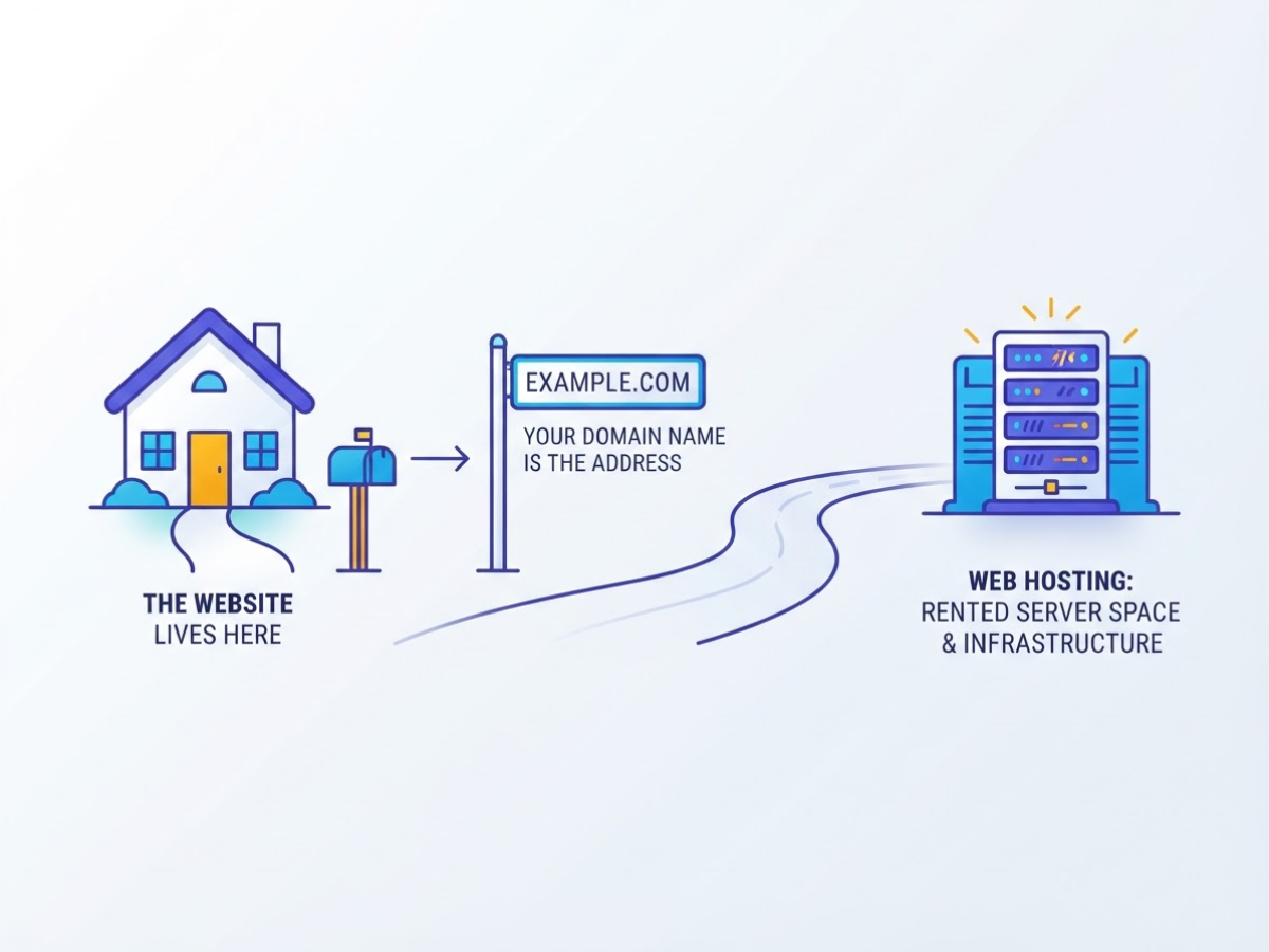 Domain Name vs Web Hosting: The Simple Difference, covering define a domain as the human-readable.