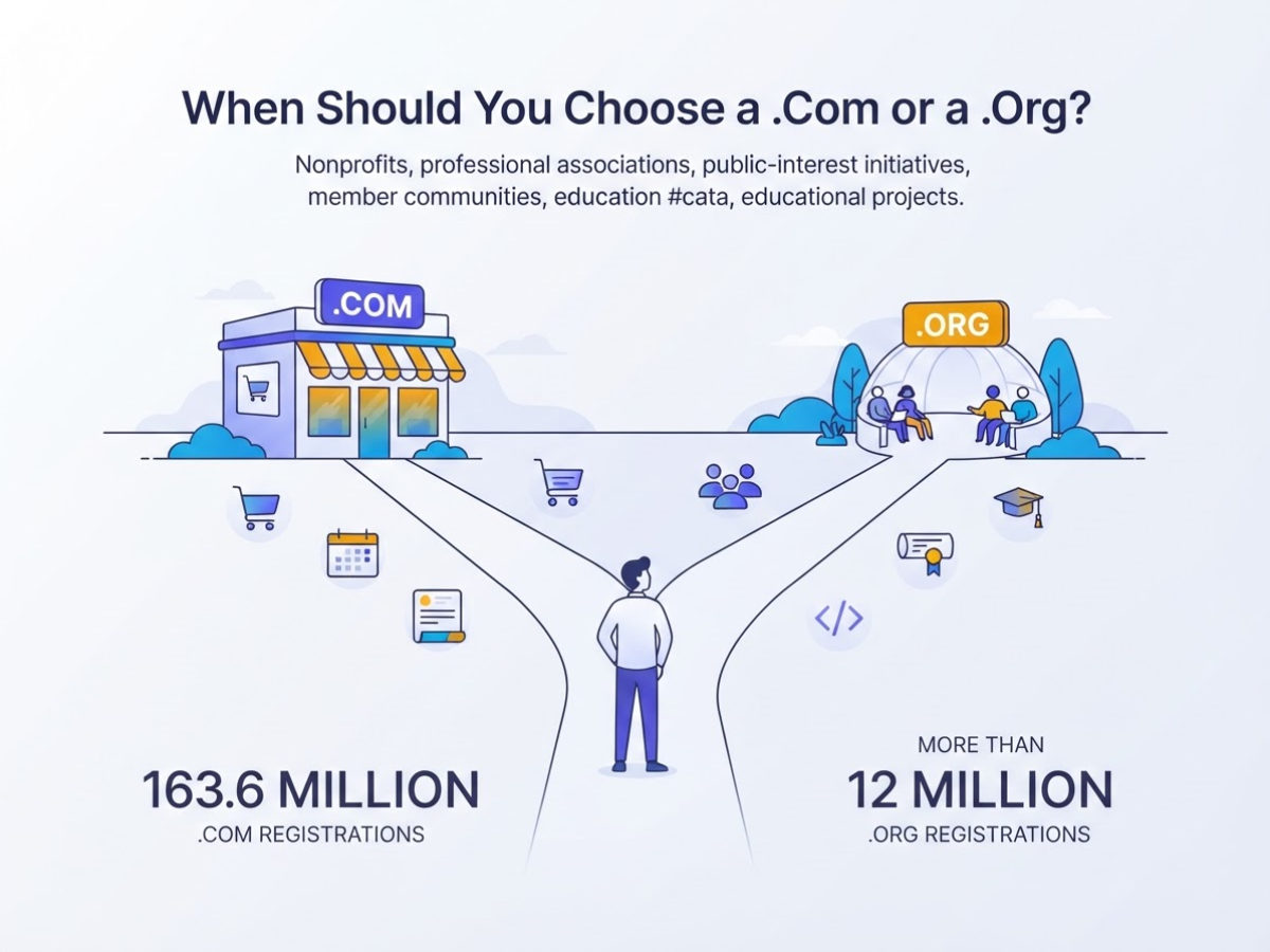 When Should You Choose a .Com or a .Org, covering recommend com for retailers agencies consultants.
