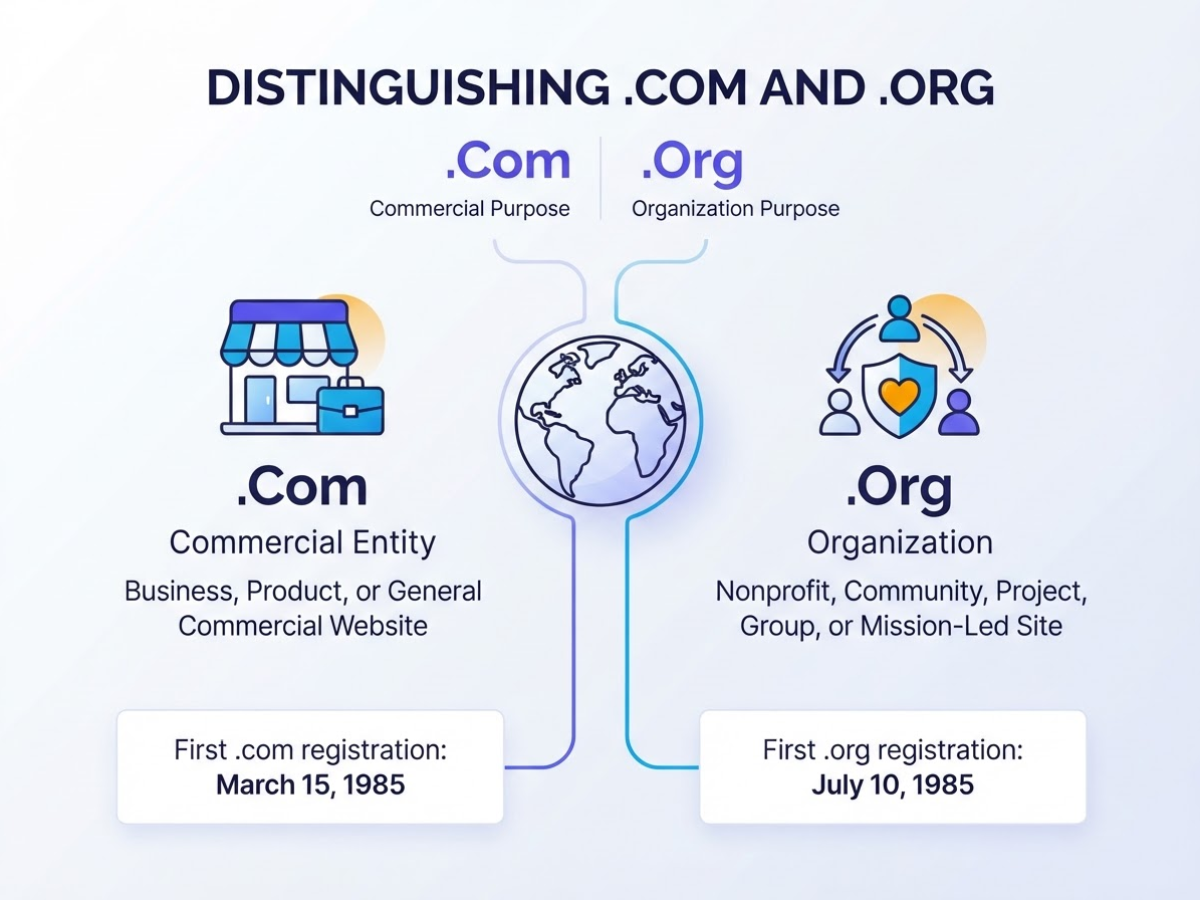 What Is the Difference Between .Com and .Org, covering define generic top-level domains and distinguish.