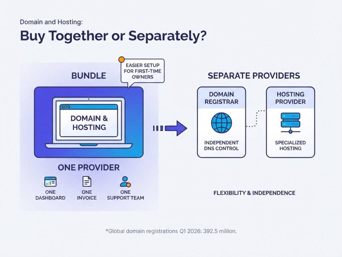 Domain and Hosting: Buy Together or Separately, covering compare convenience billing simplicity support ownership.