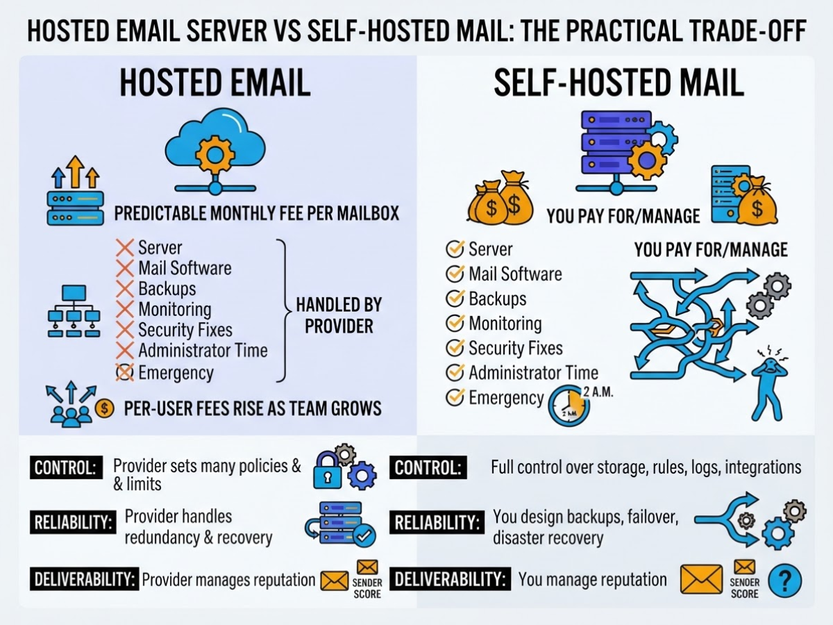 Hosted Email Server vs Self-Hosted Mail: The Practical Trade-Off, covering compare recurring subscription cost with server.