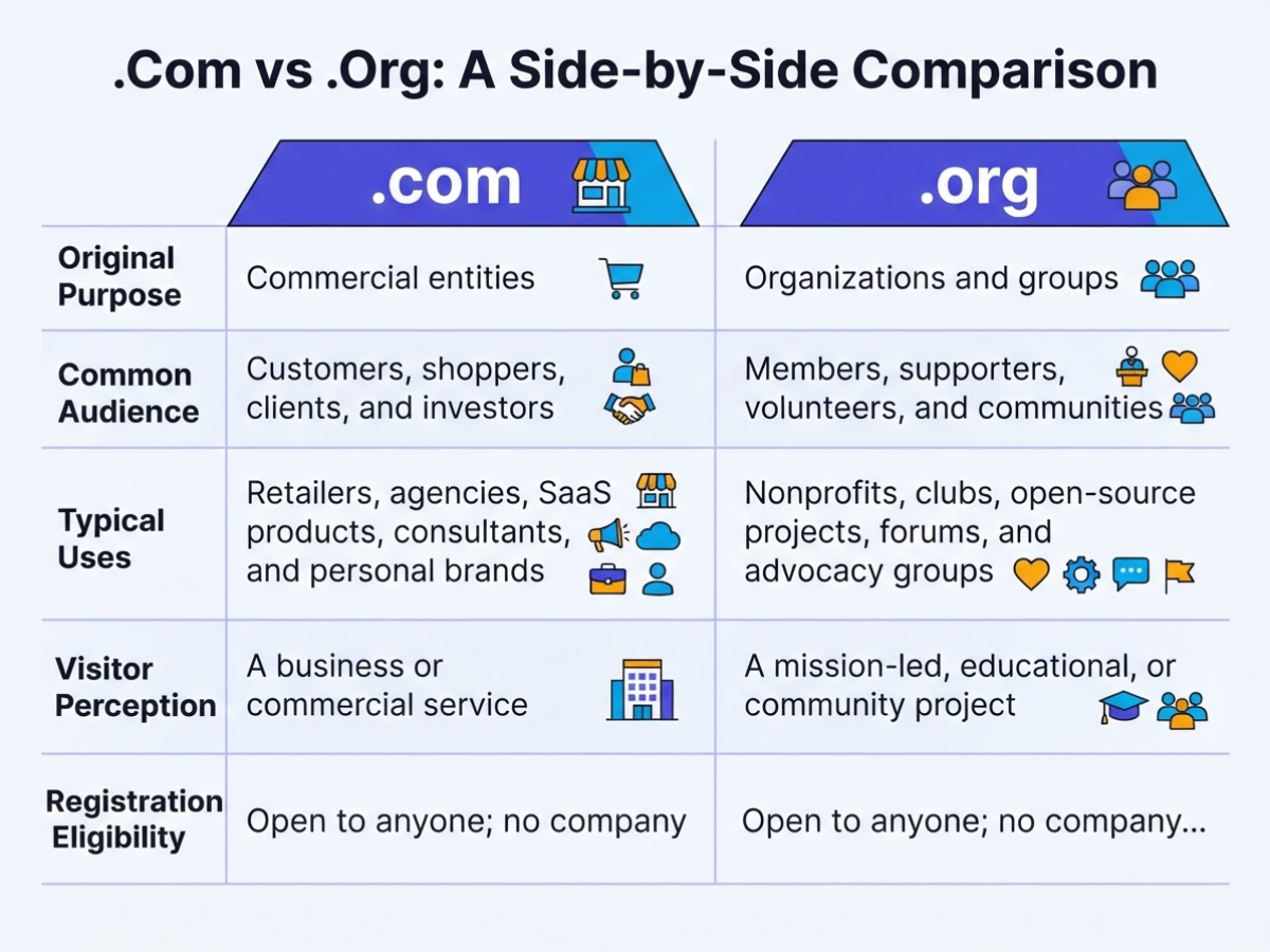 .Com vs .Org: A Side-by-Side Comparison, covering compare commercial businesses nonprofits clubs open-source.