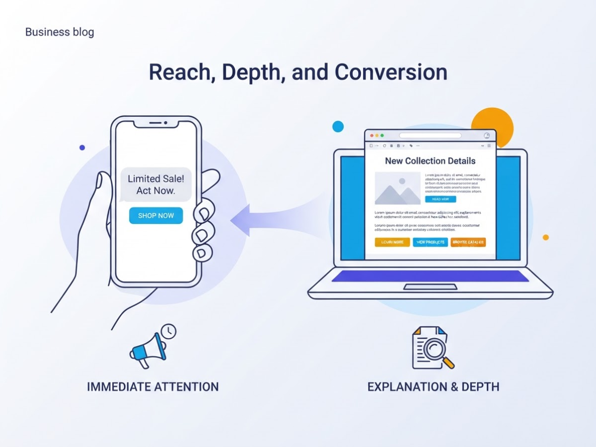 Bulk SMS vs Email: Reach, Depth, and Conversion, covering contrast sms s concise immediate format.