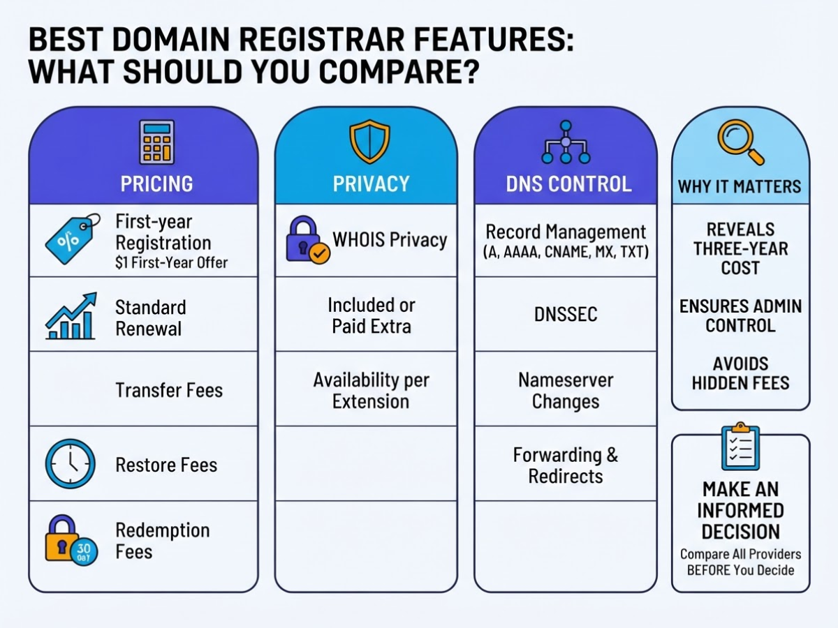 Best Domain Registrar Features: What Should You Compare, covering compare first-year registration standard renewal transfer.