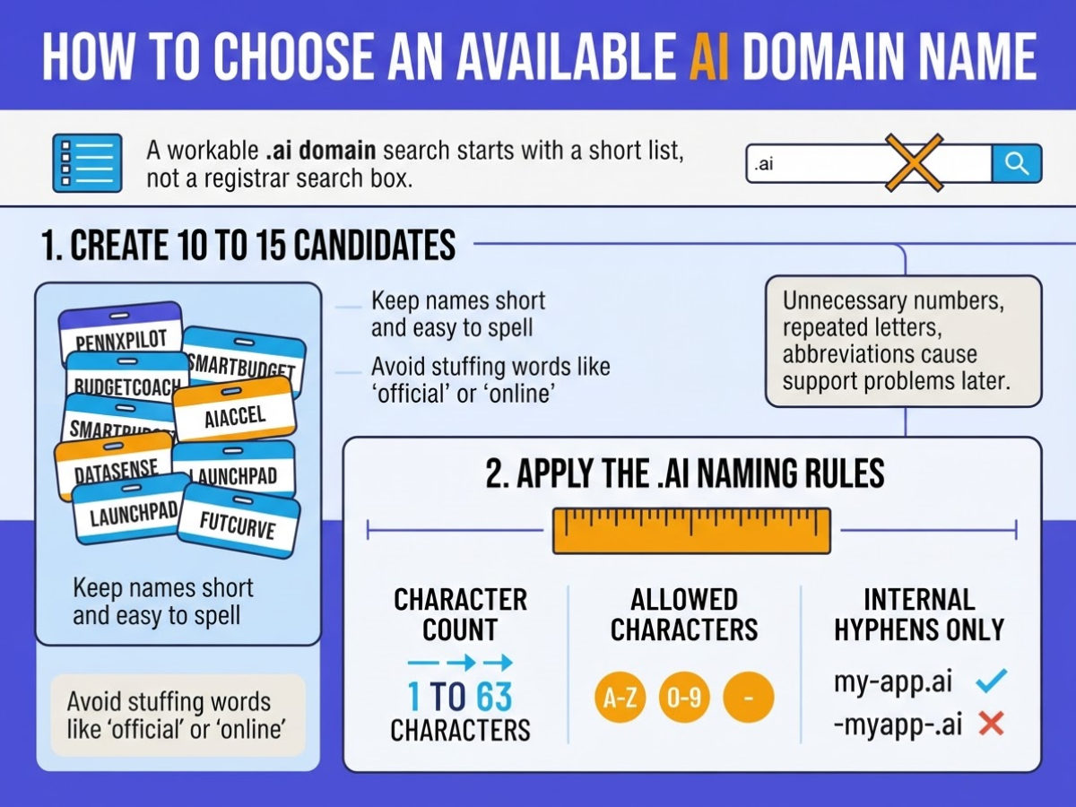 How to Choose an Available AI Domain Name, covering start with a concise shortlist of.