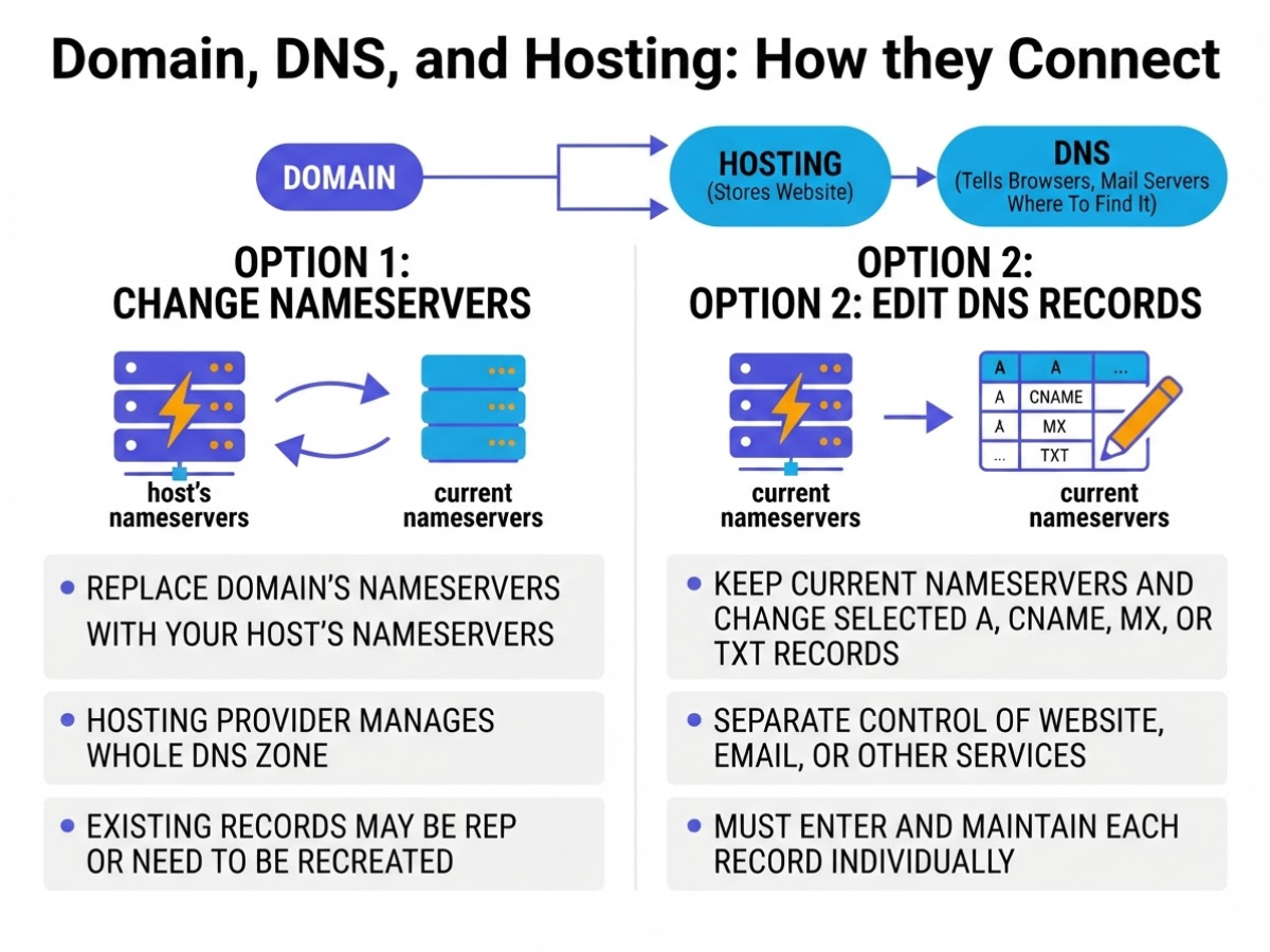 Domain, DNS, and hosting: how they connect, covering contrast changing nameservers with editing a.