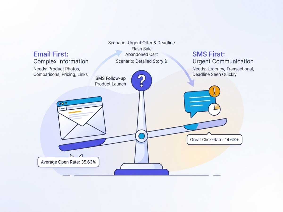 Email First, SMS First, or Both? Choose by Campaign Scenario, covering compare launches flash sales abandoned carts.